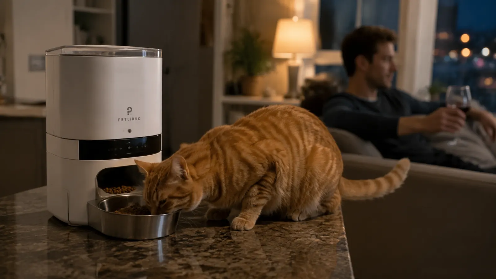 Two cats eating calmly from separate bowls next to a feeder on a hardwood floor