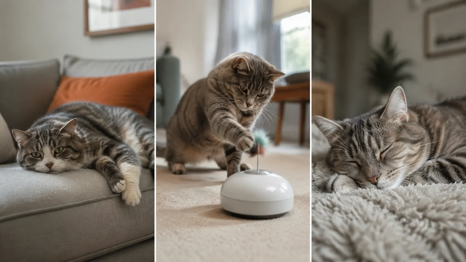 Cat crouching in stalking position watching a toy move under a felt cover, ears forward and pupils wide