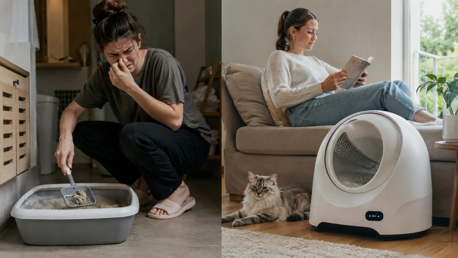 Two cats sharing a clean, open-entry litter box area in a well-organized home corner