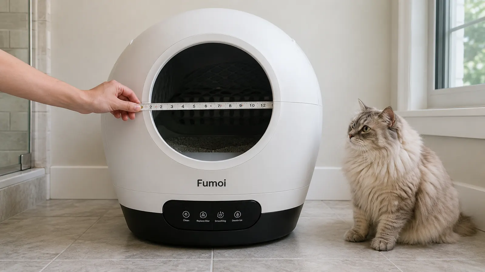 Person measuring the interior globe opening of the Fumoi automatic litter box with a tape measure