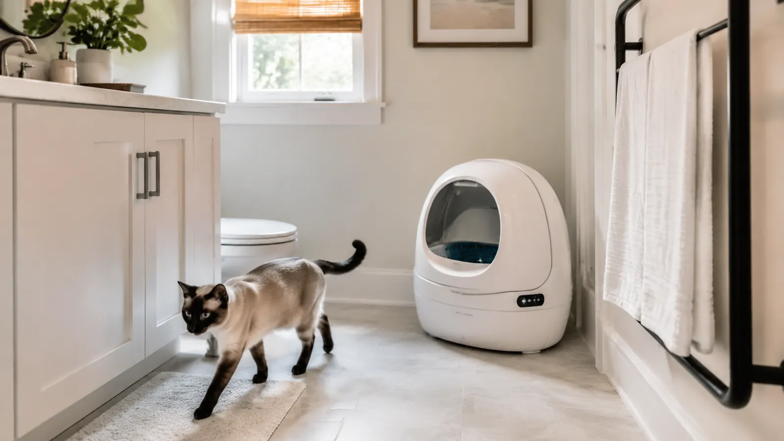 Senior cat with gray muzzle sitting in front of a litter box looking hesitant