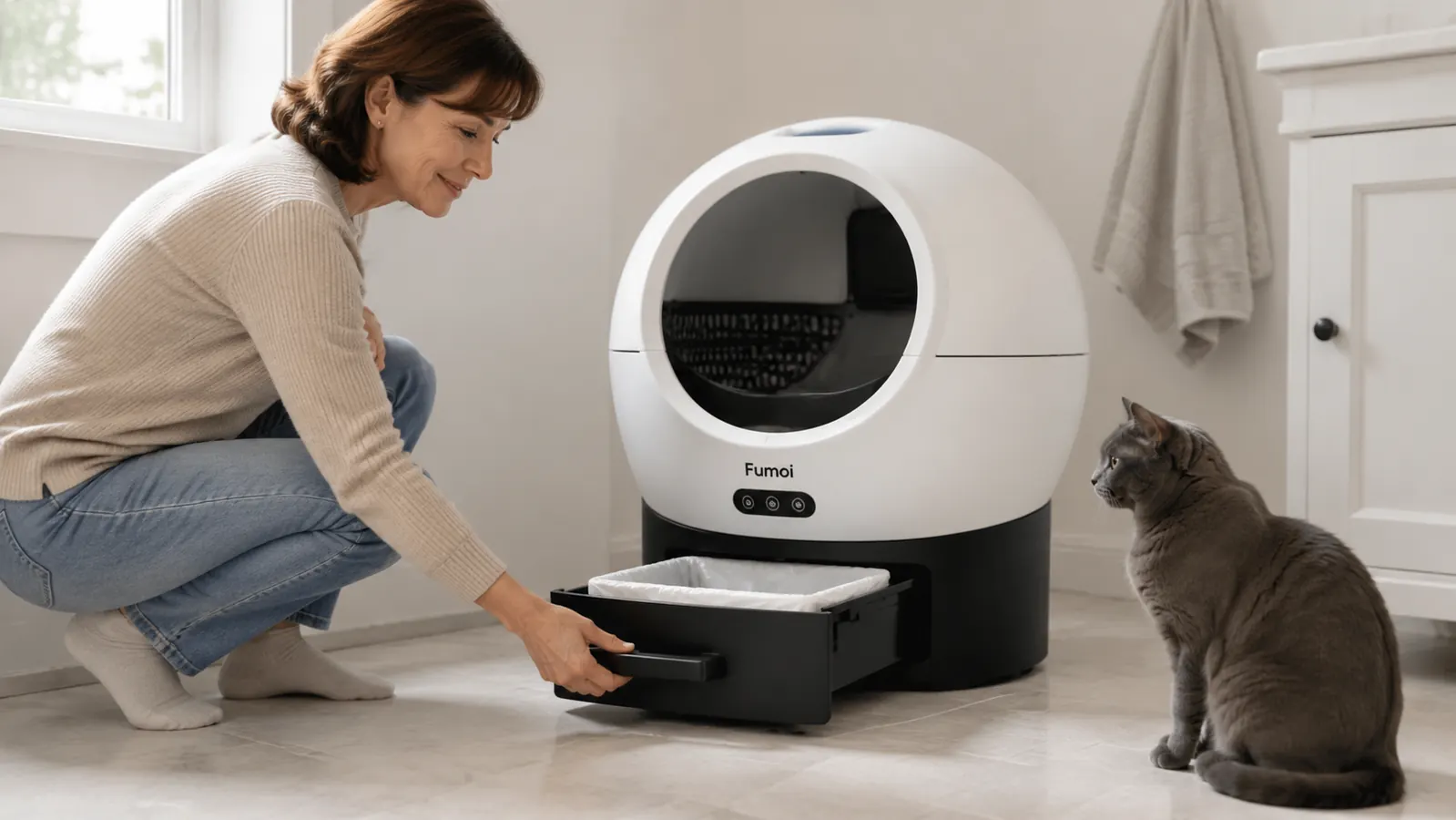 Fumoi automatic litter box with its globe chamber partially open showing the cleaning rake mechanism