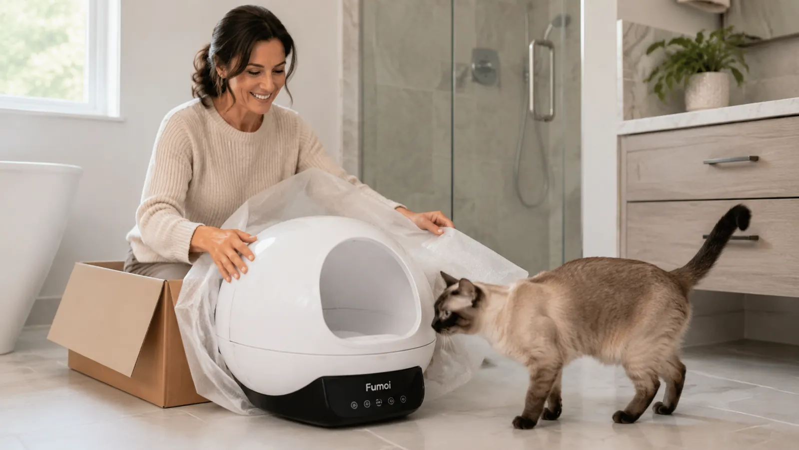 Close-up of a self-cleaning litter box with a sleek white globe shape on a wood-look floor