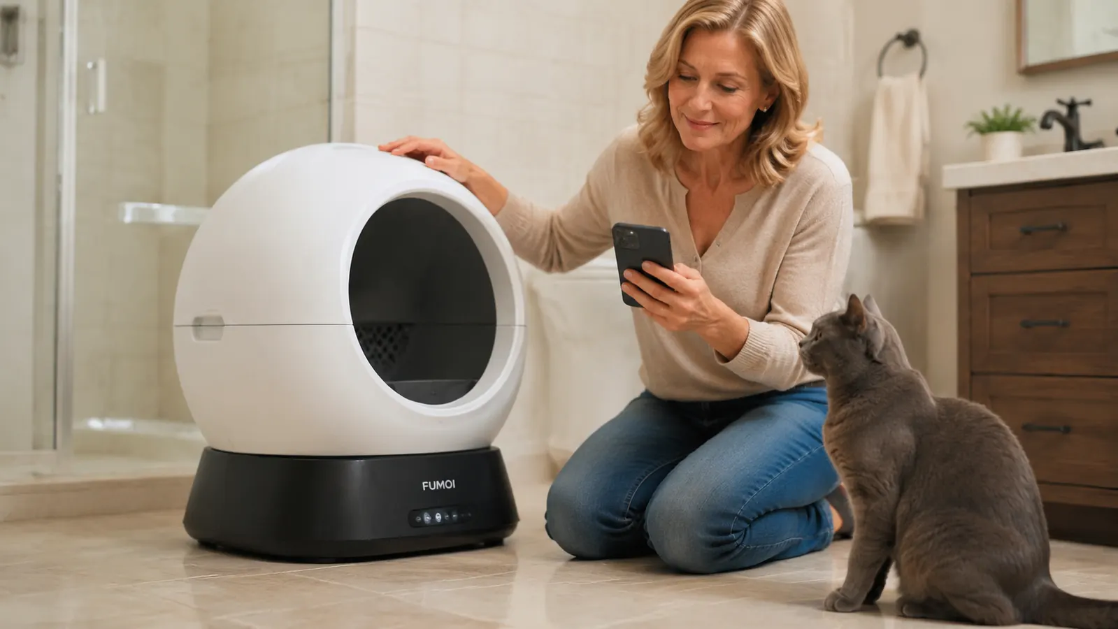 A tabby cat entering the opening of the Fumoi automatic self-cleaning litter box
