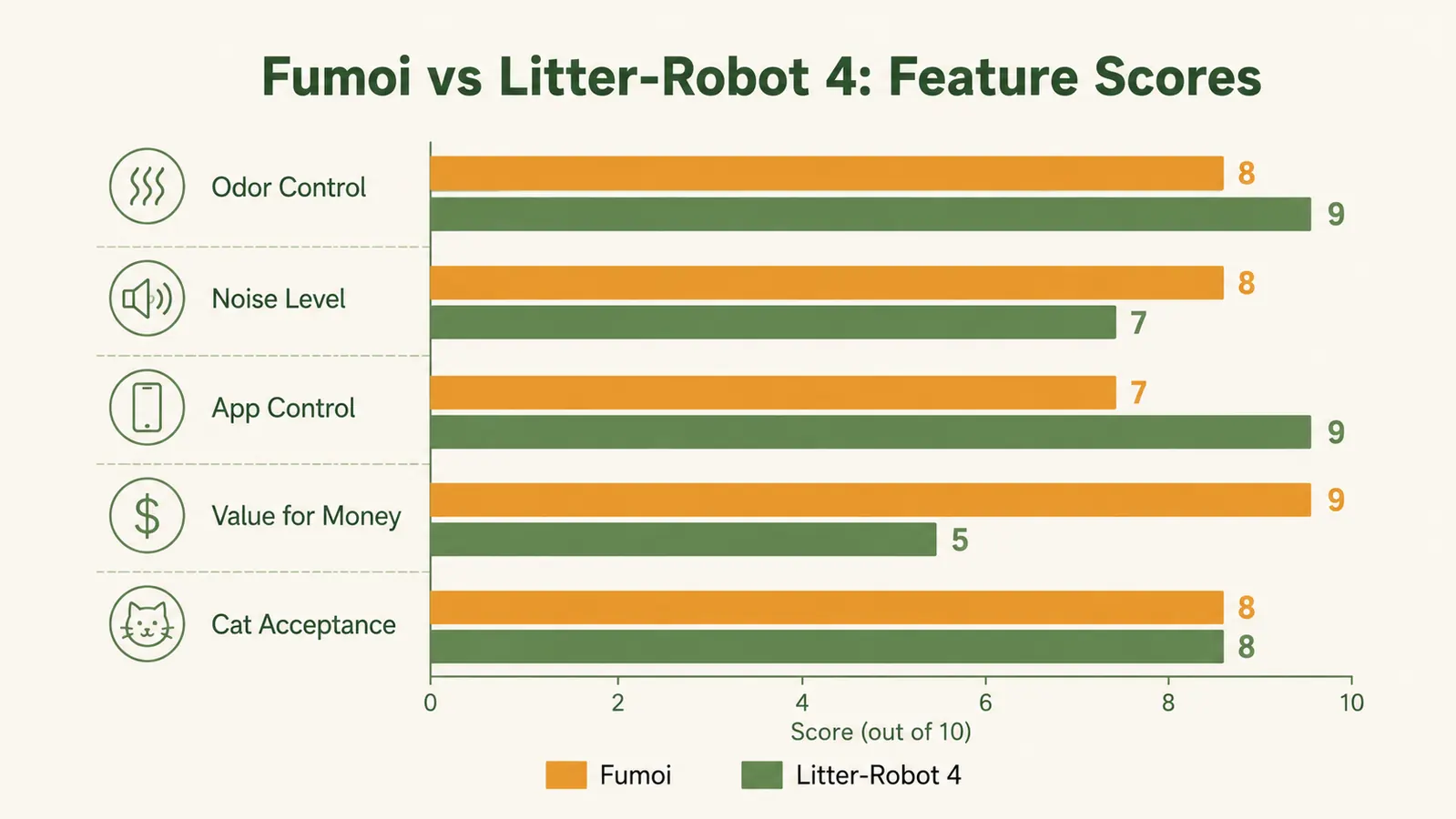 Side-by-side comparison chart showing Fumoi versus Litter-Robot specs including price, capacity, and cycle time