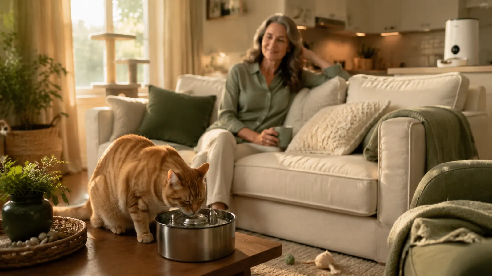 A cat owner sitting on the floor beside a content cat, warm afternoon light, lived-in living room