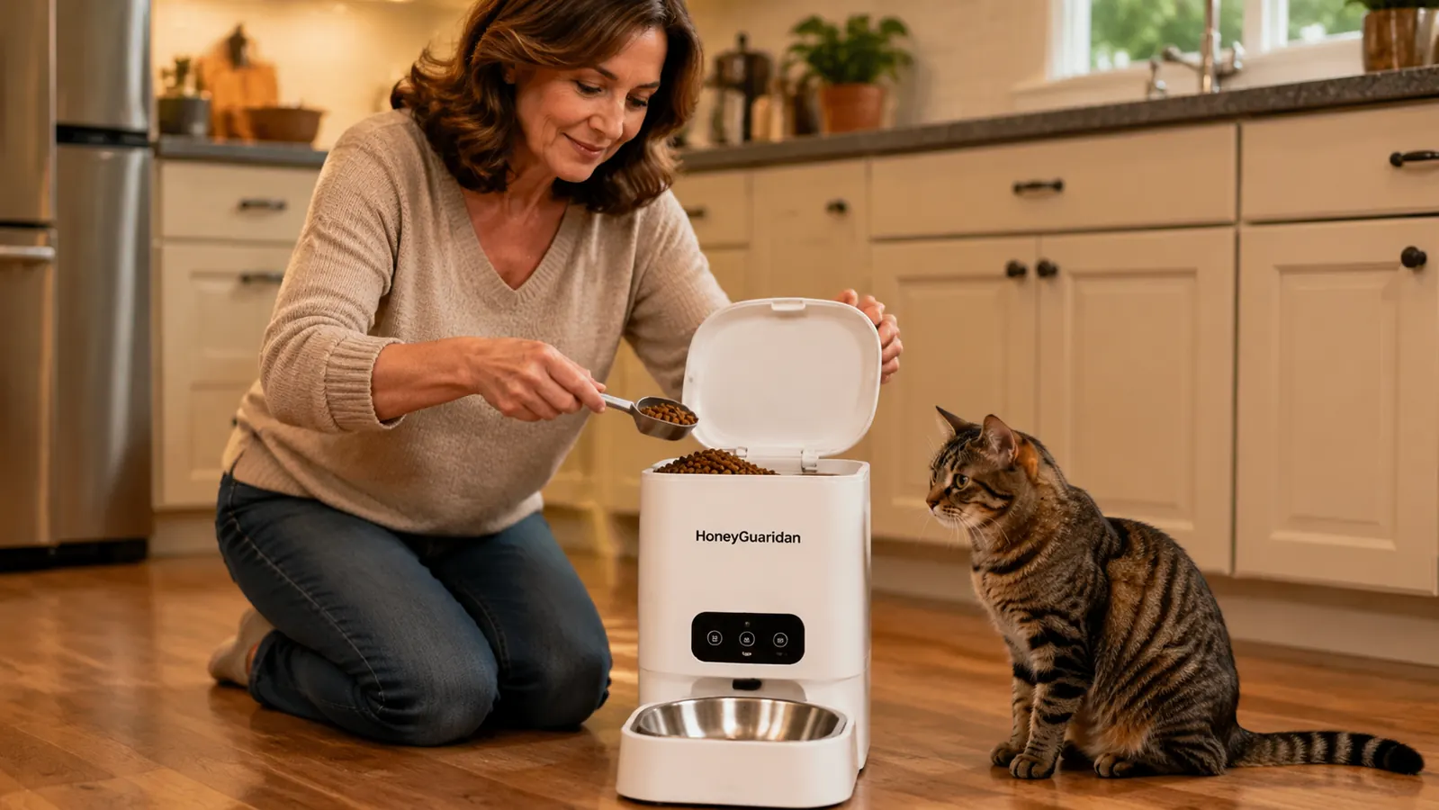Close-up of cat kibble pieces bridging across the opening of an automatic feeder hopper
