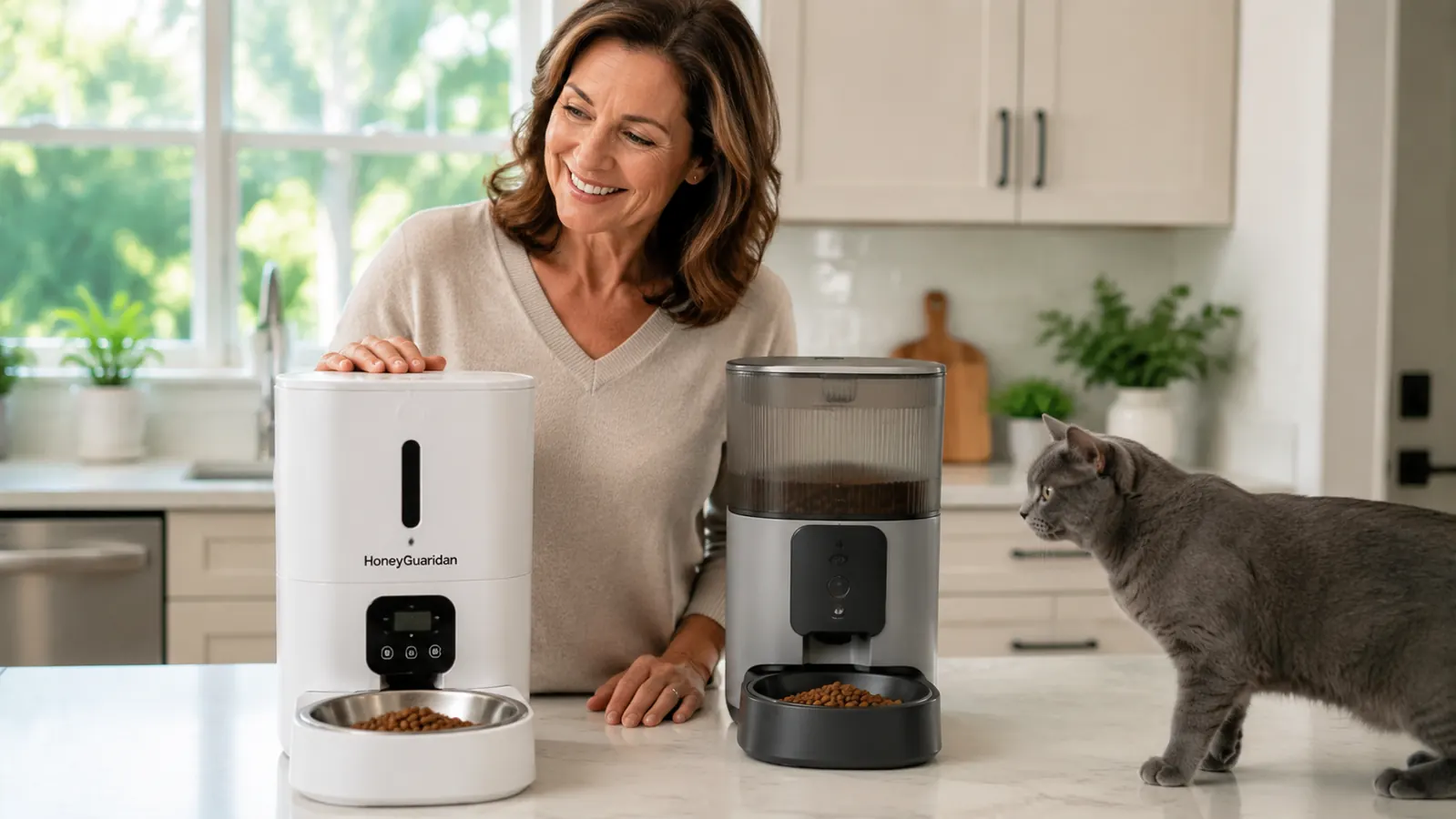 Close-up of the HoneyGuaridan feeder dispensing a measured portion of dry kibble into its stainless steel bowl