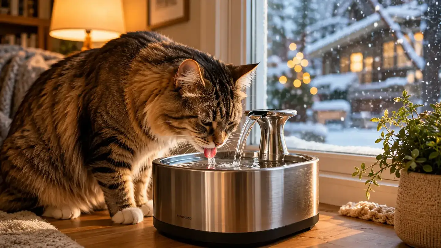 Orange tabby cat with ears alert, sitting next to a water fountain that is running, mid-drink