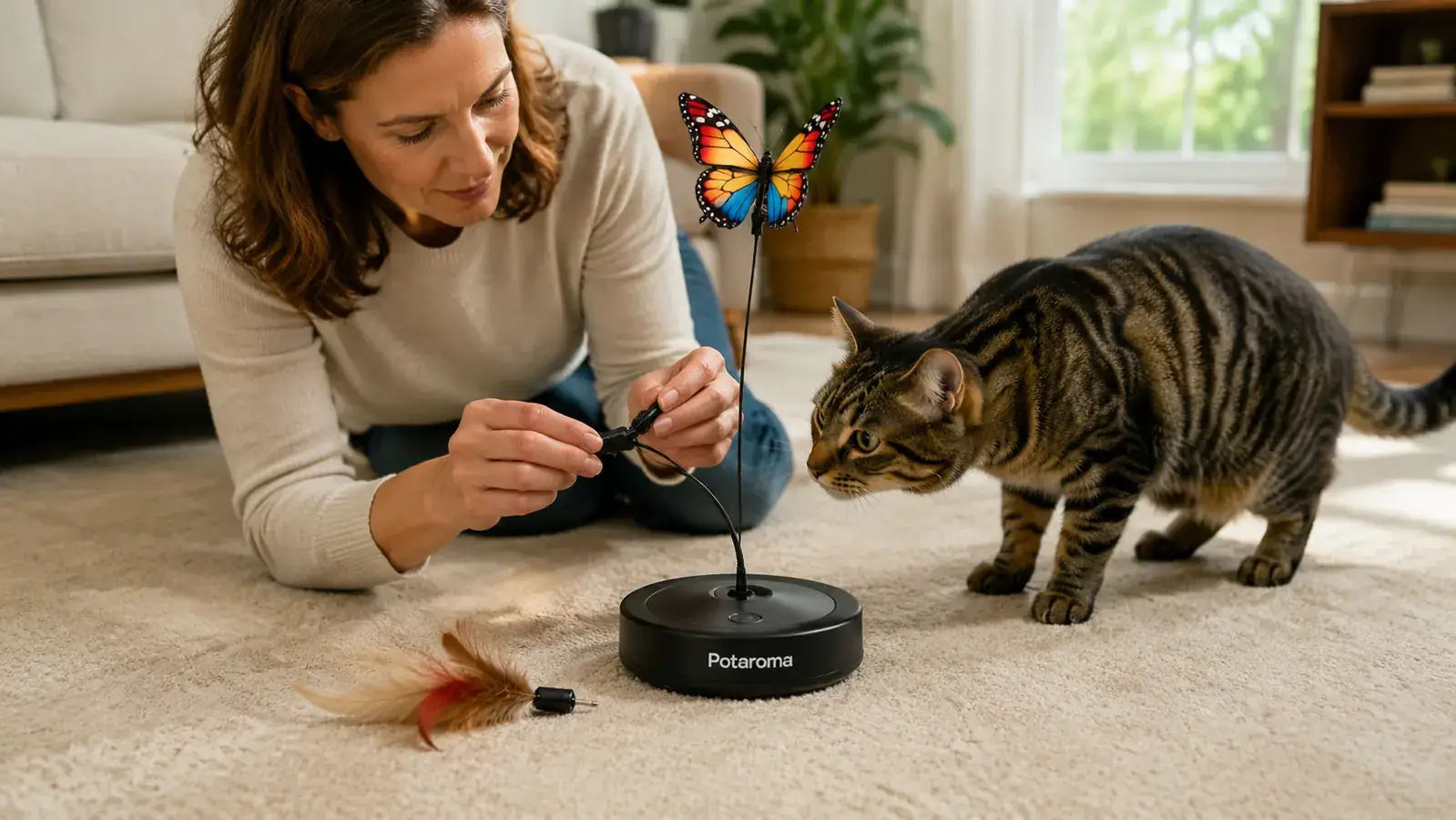 Orange cat engaged with the Potaroma 3-in-1 interactive toy, paw reaching under the base