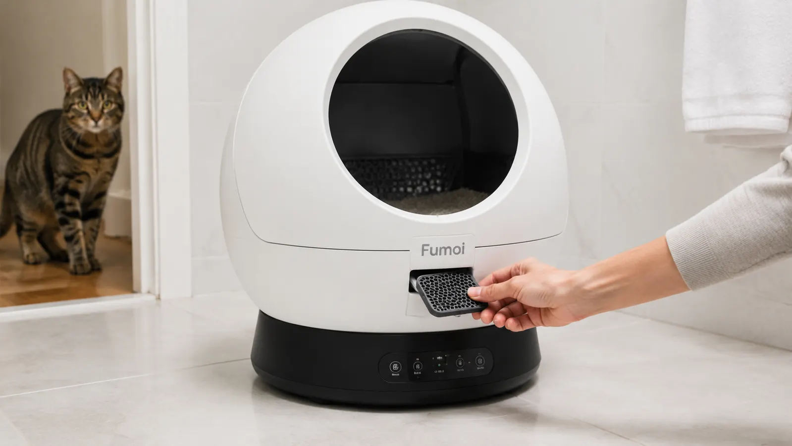A hand placing a clumping litter scoop into a litter box next to a small pile of odor-absorbing clay pellets