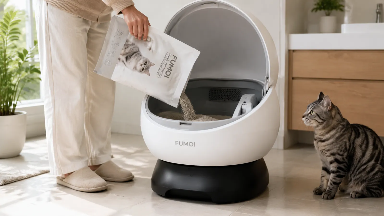 A cat entering a Fumoi Automatic Self-Cleaning Litter Box placed near a bathroom wall in a small apartment