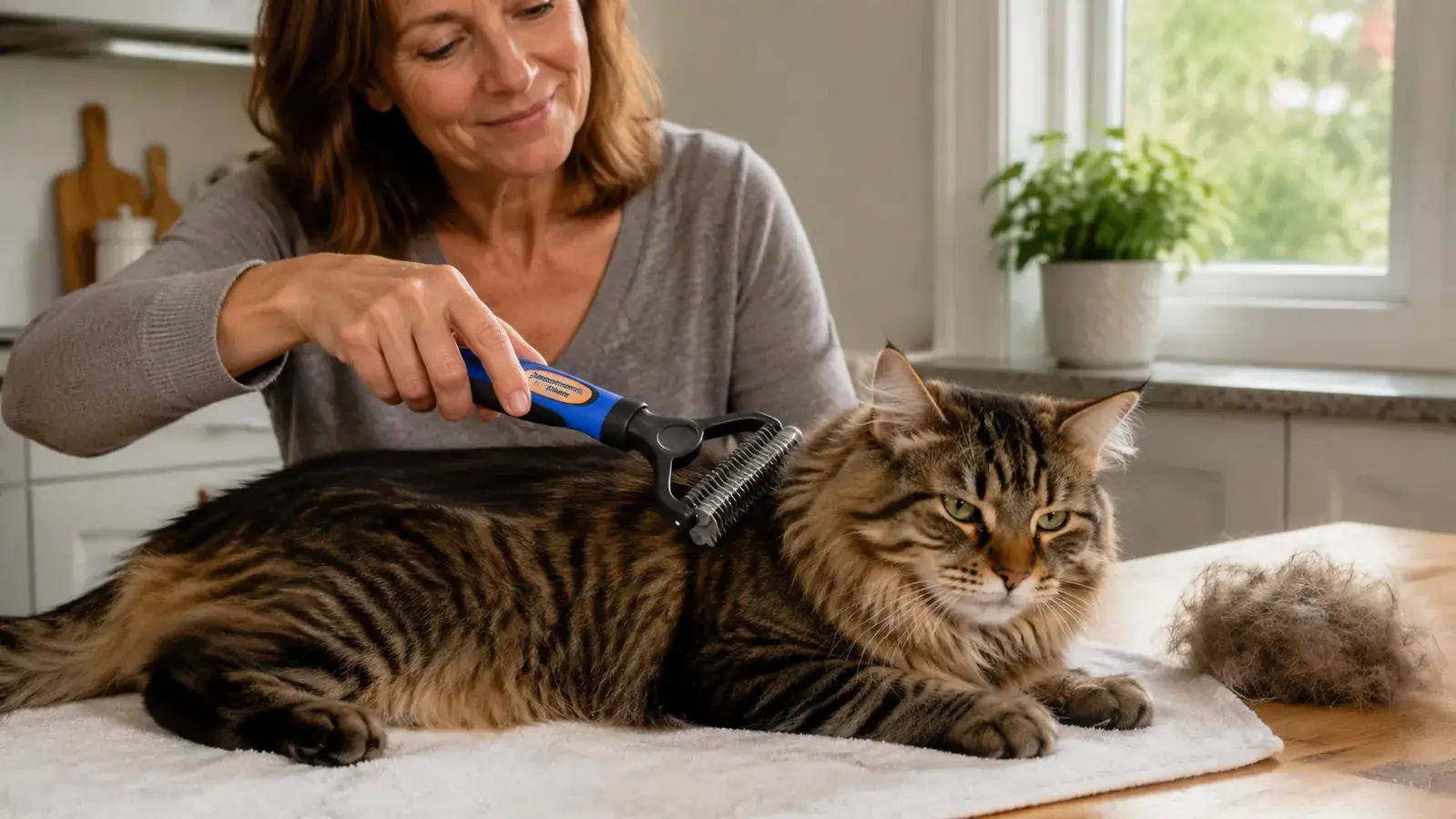 Close-up of a hand holding the Maxpower Planet rake against a medium-coat cat's back, showing tine depth and coat penetration