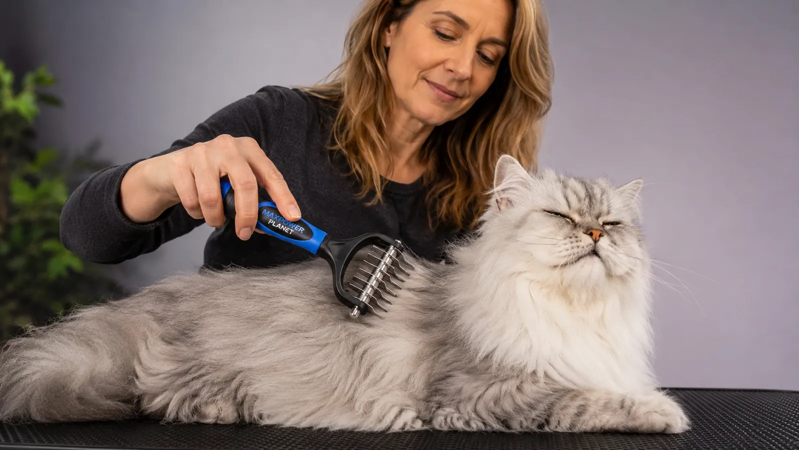 Side-by-side view of loose cat fur collected from one grooming session next to the Maxpower rake on a white surface