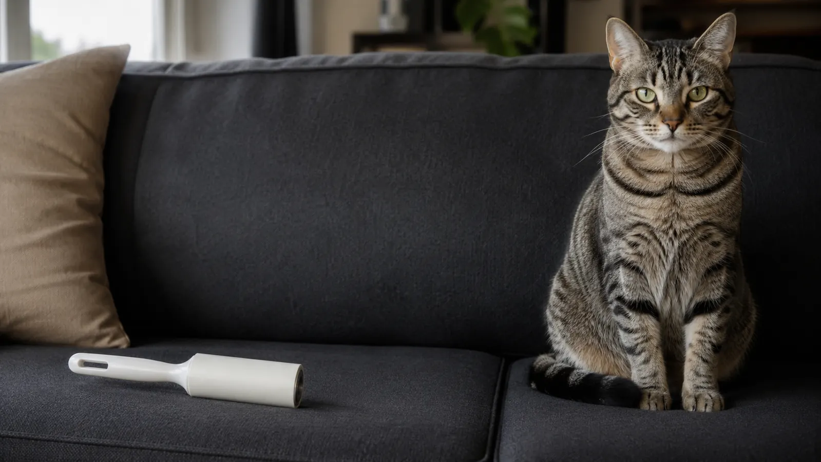 Maine Coon cat looking calm and curious after a grooming session, coat smooth and mat-free on a couch