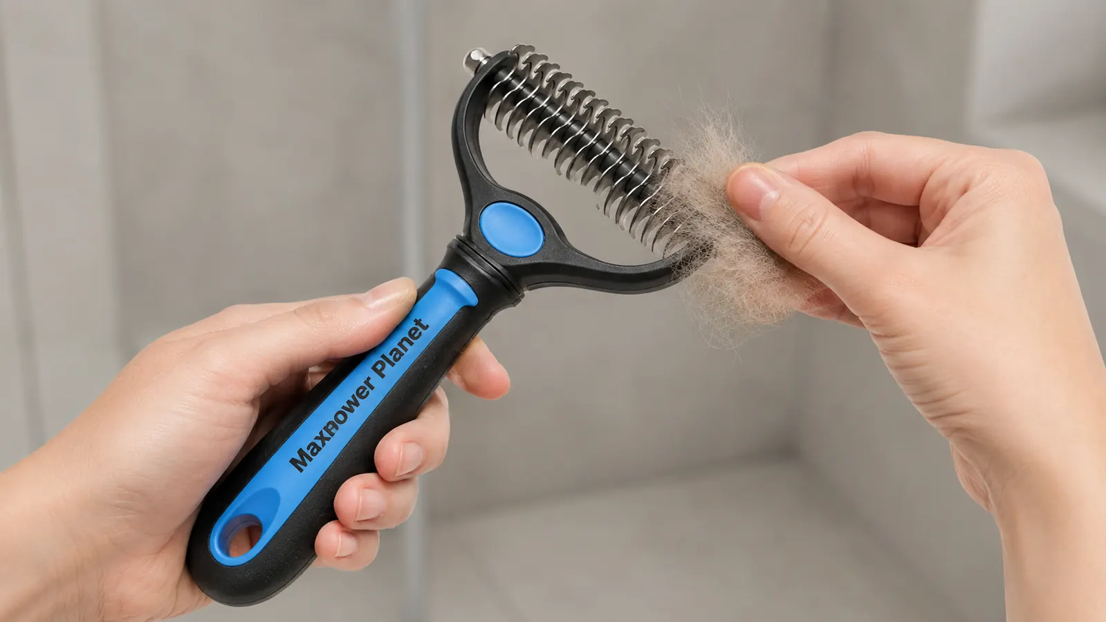Close-up of the two sides of the Maxpower Planet grooming rake, showing the wide-spaced dematting side and the fine-tined deshedding side