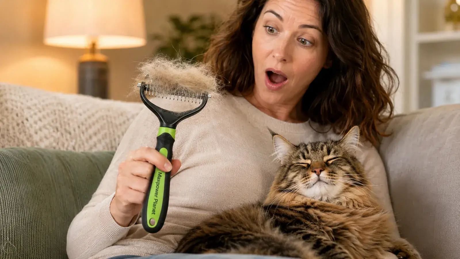 Hand holding a double-sided deshedding rake next to a pile of pulled cat undercoat on a wood table