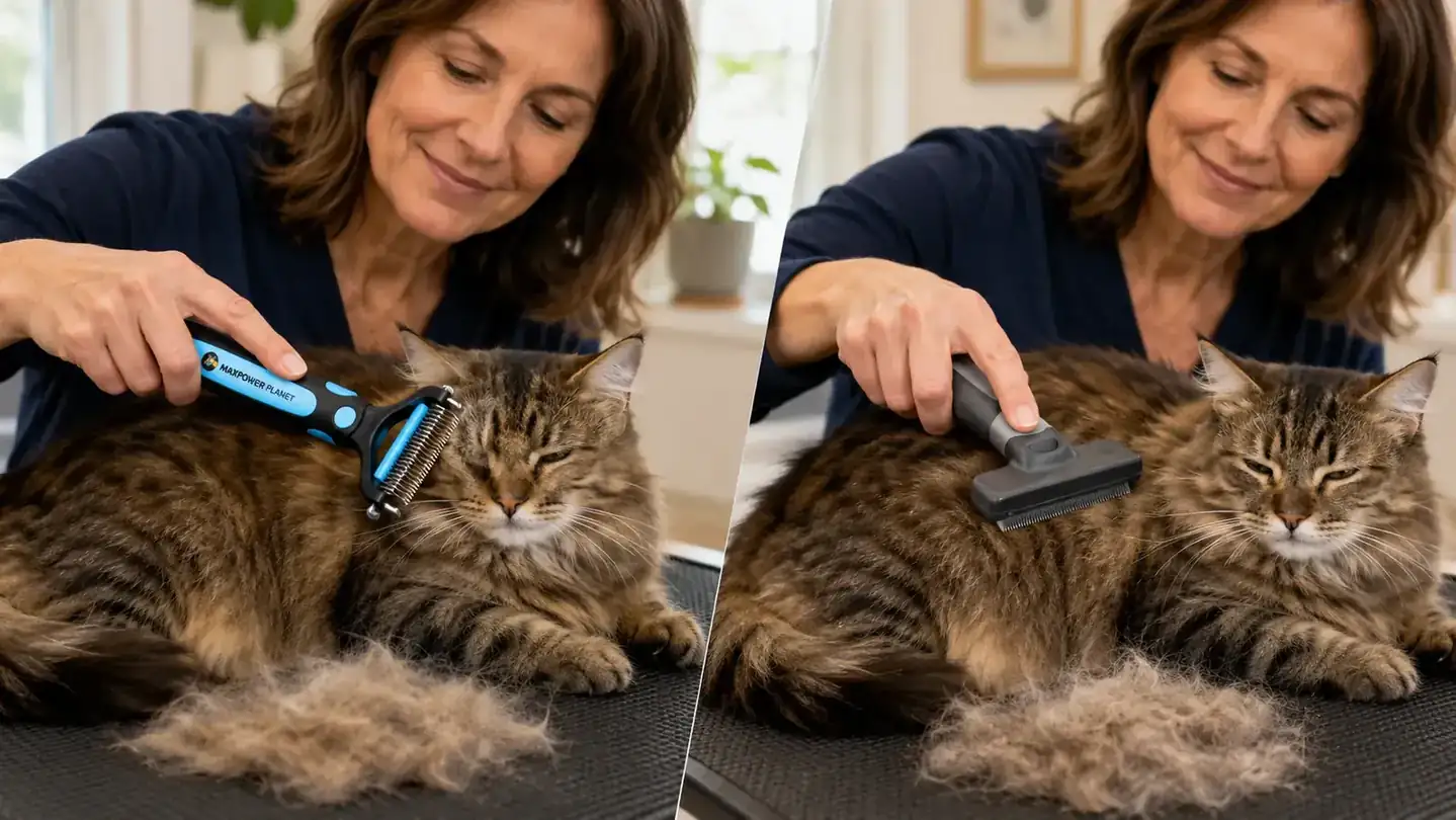 Hand holding the Maxpower Planet double-sided rake while grooming a long-haired cat on a lap