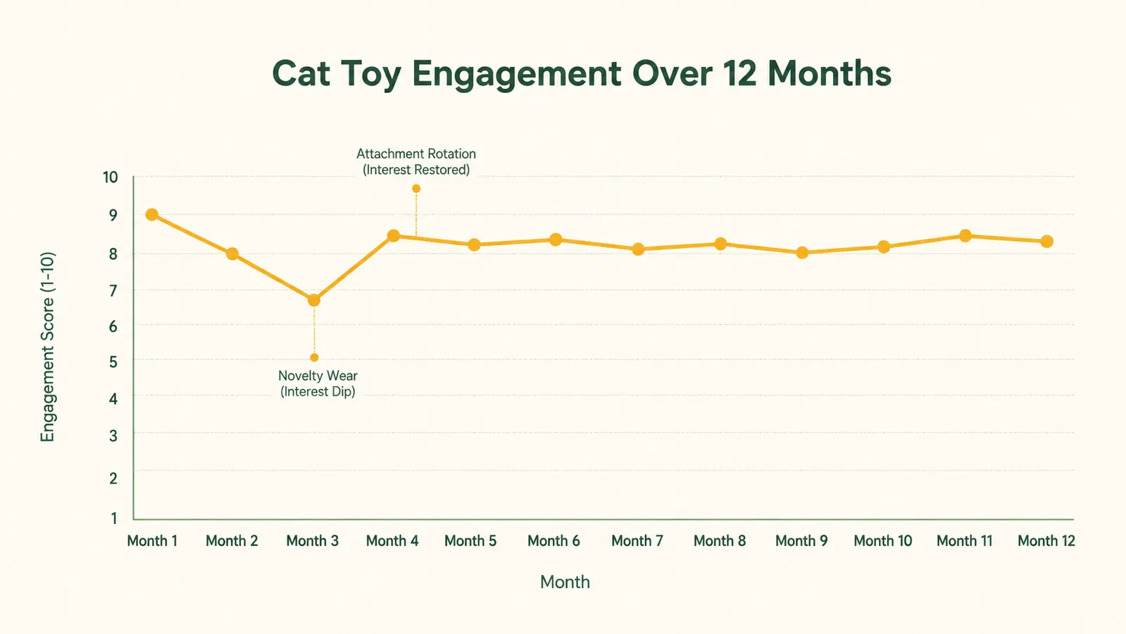 Simple bar chart showing daily play session length in minutes across three months, rising from 4 minutes in month one to 12 minutes by month three