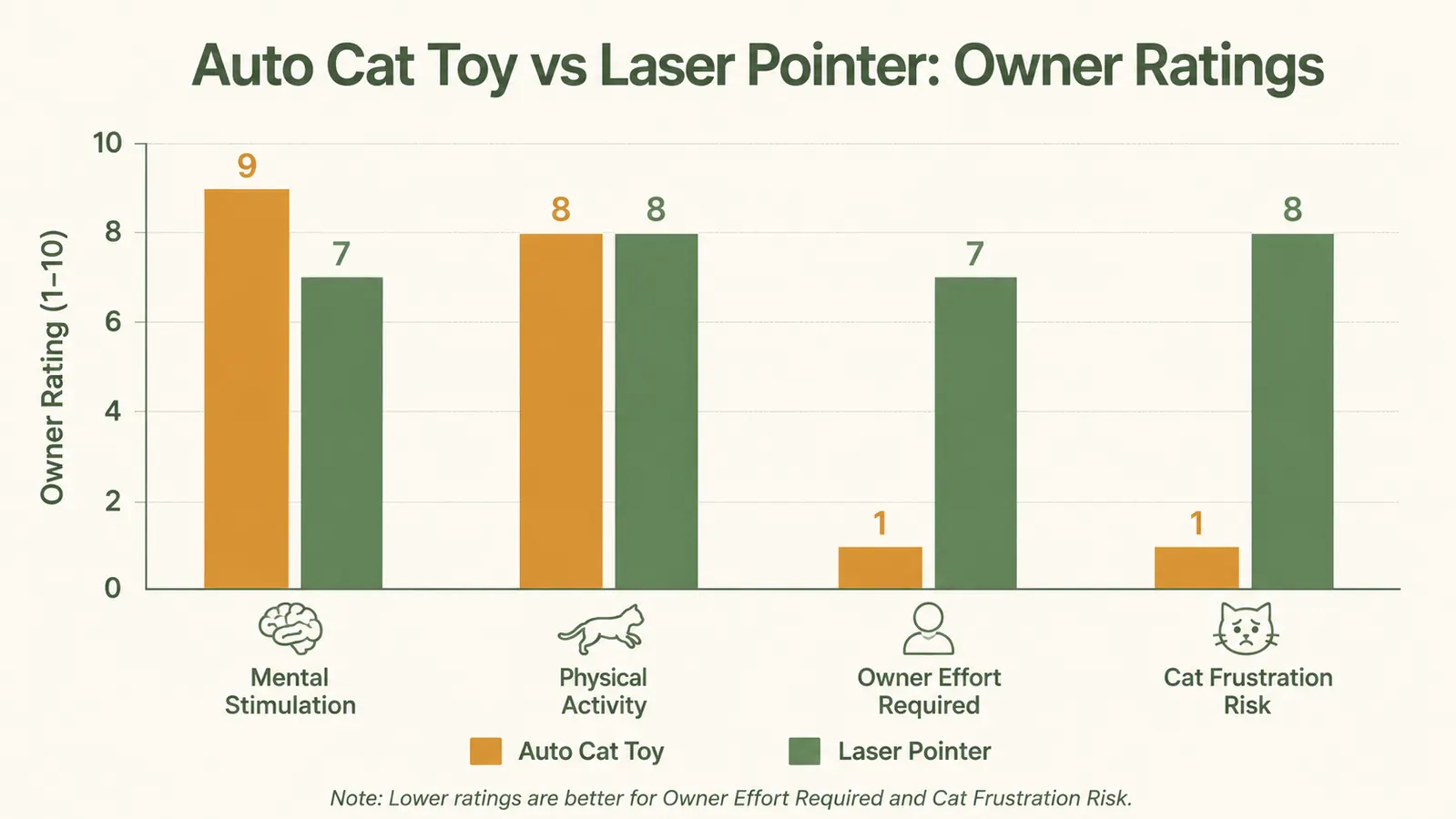 Side-by-side chart comparing engagement quality and frustration level for interactive toy vs laser pointer